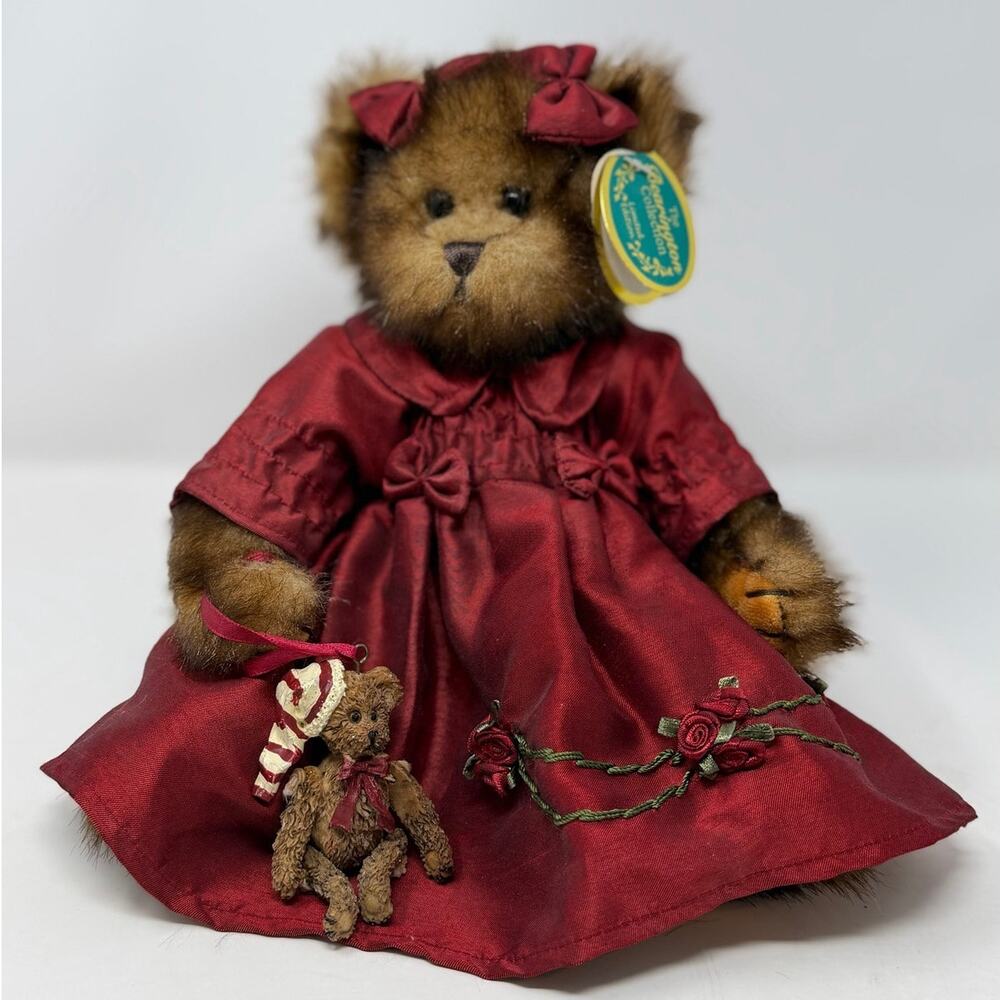 The Bearington Collection Greta Garland Shiny Red Dress Bows Flowers w/Ornament
